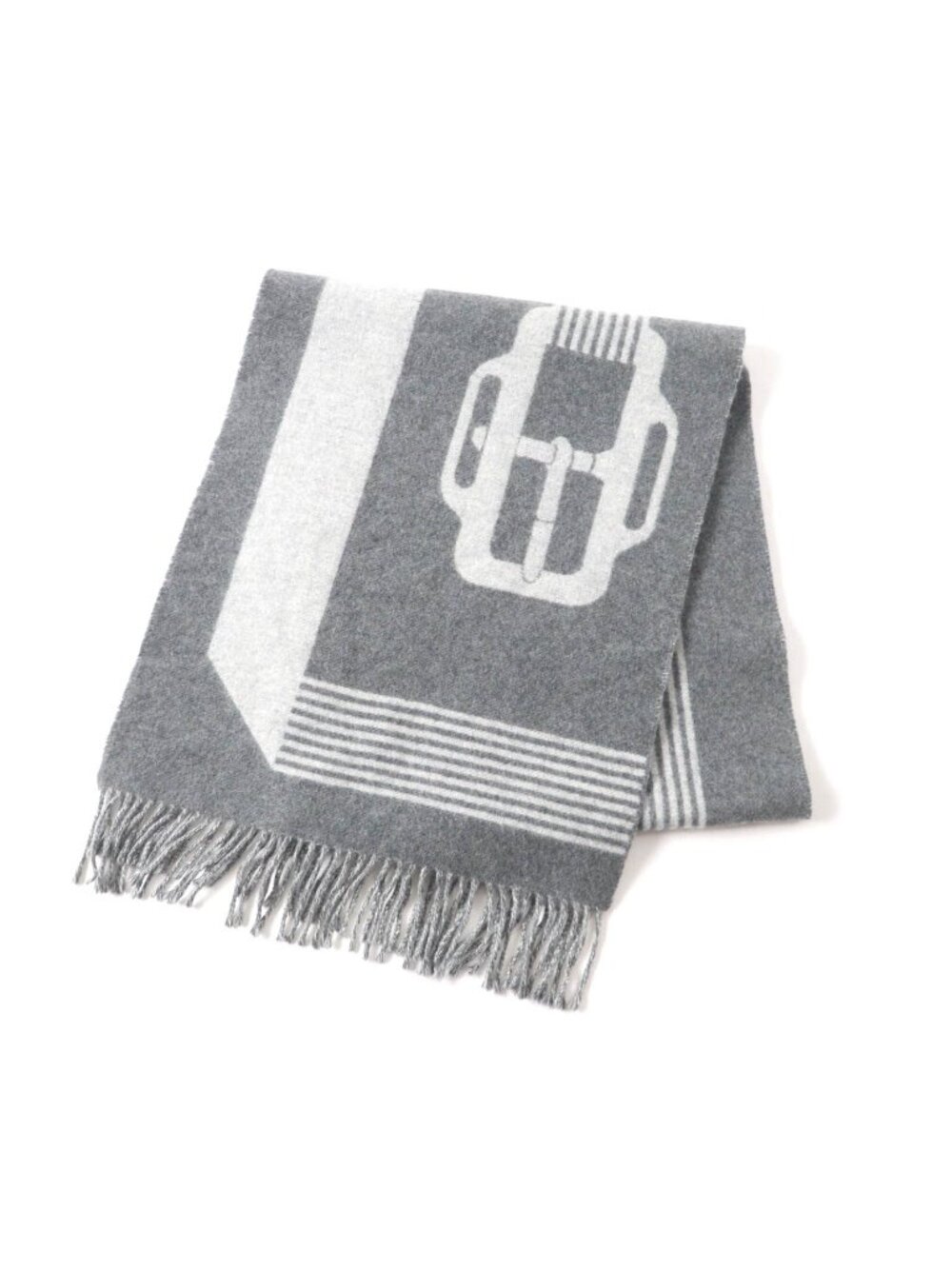Hermes Sangle a Boucle Cashmere 100% Anthracite Gris Clair Scarf with Fringe
